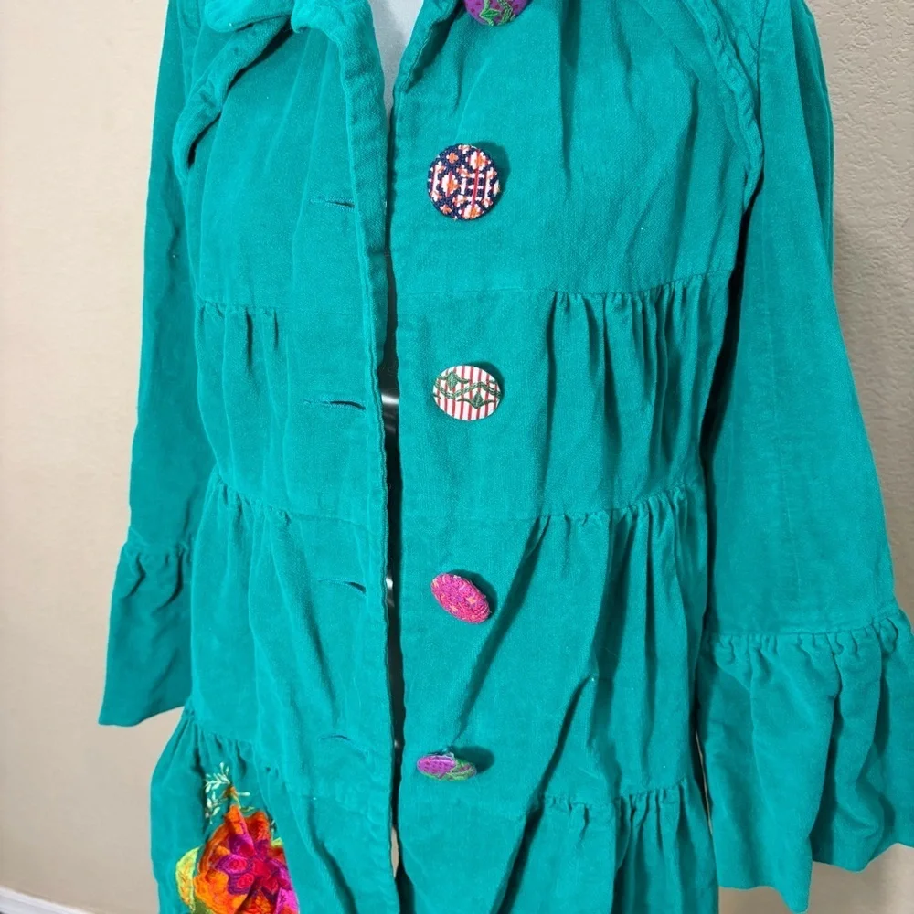Whimsical vibrant green Judith March coat Measure Like Small Satin lined Boho - Picture 4 of 15